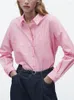 Women's Blouses Shirts For Women 2023 Fashion Pink Striped Shirt With Patch Pockets Lapel Collar Front Button Up Loose Long Sleeve Top