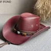 Hattar breda grimhattar hink hattar faux läder västra cowboy hattar för kvinnor män vintage gentleman klänning hattar panama cowgirl jazz cap som