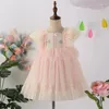 Flickaklänningar 2023 Summer Girls Flare Sleeve Ruffles Cake Dress for Kids Princess Tulle Birthday Embroidery Clothing Toddler Causal Wear