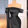 Prom Party Gown Formal New Black Evening Dresses Custom Plus Size Satin Zipper Sleeveless Pleat Mermaid Beaded Trumpet Off-Shoulder