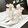 Sandals 2023 Korean Fashion Wedding Shoes Pointed Toe Satin High Heels Bow Sexy Pearl Stiletto Pumps