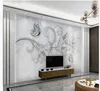 Wallpapers For Living Room Simple Creative Hand Painted Flowers Butterfly Marble Pattern Wall