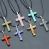 Cross Charm Natural Crystal Pendant Necklace Reiki Agates Carnelian Pink Quartz Pendulum Healing Stone Necklace Prayer Jewelry