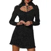 Robes décontractées Noir Sexy Hollow Out Dot Femmes Robe Volants Manches longues Taille haute Fête élégante à lacets Printemps Robes