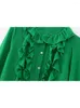 Women's Blouses Groene gelamineerde Decoratie vrouwen Spring blouse o nek lange mouw knoop omhoog vrouwelijke shirts chic tops kantoor dame casual slijtage
