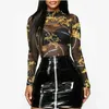 Women's Blouses Shirts Sexy Women Perspective mesh Shirts Long Sleeve Slim Blouse See Through Print s Top Fashion Club 230325