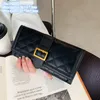 wholesale ladies shoulder bags 2 colors multifunctional folding student purse simple and versatile solid color leather long purse sewing plaid fashion clutch bag