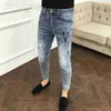 Mens Jeans Designer Hot Diamond Print Broken Hole Net Red Slim Fit Feet Korean Fashion Märke Blue Nine Points Autumn New