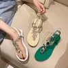 Sandals Feminine Elastic Band Sandals Flip Flops Flats Rhinestone Shoes Summer Open Toe Plus Size 42 Sandals for Women Low Heels Shoes Z0325