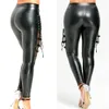 Pantalon féminin S Skinny Pu Leather Femmes Slim Pantalons Gothic Punk Leggings Fishnet Trim Lace Faux Crayer Drop Wholesale 230325