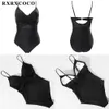 Zwemkleding RXRXCOCO Damesbadpak Doorzichtig Effen Zwart Damesbadmode Sexy Ruches Backless Push Up Badpak Beachwear 230325