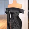 Prom Black Dresses Sequins Beaded Long Sleeves One Shoulder Mermaid Illusion High Split Floor Length Custom Made Ruched Evening Party Gowns Vestidos Plus