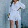 Casual Dresses Women Shirt Plus Size Button Up Sash Tassel White 3/4 Sleeve Overdimensionerad randig 2023