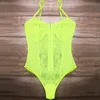 Kvinnor Jumpsuits Rompers OMSJ EST Women Neon Green Orange Stripe Lace Bodysuit Sheer Sexig Floral Embroidery PlaySuit Night Out Outfits Party 230324