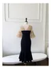 Summer Black Contrast Color Paneled Tulle Dress 1/2 Half Sleeve Square Neck Midi Casual Dresses L3M255191