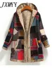 Damenjacken Winter Vintage Mantel Warmer Druck Dickes Fleece Mit Kapuze Lange Jacke mit Tasche Damen Outwear Lose für 230325