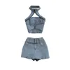 Dames shorts denim rok set open back pittig meisje lente zomer vintage hangende nek sexy feestje top helft twee stuk 230325