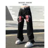 Mens Jeans Devil Printed High Street Vintage Y2K Clothes Black Baggy Straight Trousers Streetwear Wide Leg Pants Men 230324