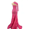 Stage Wear Rose Red Shining Rhinestones Sexy One Sleeve Long Floral Women Dress Evening Wedding Banquet Clothing Ballroom Dance Costumes