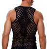 Heren tanktops mannen mode los o nek mouwloos vest shirt casual zie door nachtclub tees sexy holle out mesh gebreide vis net 230324