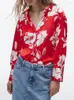 Blusas para mujer, camisas de oficina informales holgadas con estampado Floral rojo para mujer, camisa de manga larga con botones, Tops elegantes para mujer 2023