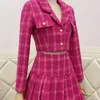 Women's Shorts Suit Set Small Fragrant Wind 2023 Spring Autumn VNeck Plaid Short Coat Pleated Skirt Sweet Age Reducing Retro 230325