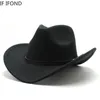Breda randen hattar hink unisex vintage western cowboy cowgirl file hatt med punk bälte vinter hösten panama imitation ull jazz cap 230325