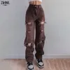 Women's Jeans Brown Ripped Vintage Woman's Distressed Streetwear Hole Hip Hop High Waist Pants Fashion Straight Denim Trousers Ladies 230325