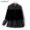 Women's Blouses Shirts European Fashion Woman Slim Single breasted Gold Velvet Stitching Chiffon Long sleeved Hepburn Style Top 230324