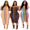 Vestidos de tamanho grande verão fora do ombro com alças sem mangas tira de arco -íris impressa 4xl Mulheres Vestem Sexy por atacado 230325