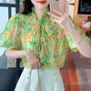 Blouses pour femmes Mode d'été Blouse à imprimé floral pour femmes Chemise à manches bouffantes en mousseline de soie Vêtements pour femmes 2023 Chic Beau Top Vert