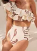 Женский купальник с принтом и оборками, комплект бикини с высокой талией, нерегулярный купальник без бретелек, женский купальный костюм из 3 предметов, пляжное платье 2023, 230325