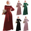 Etniska kläder muslimska satinklänning kvinnor abaya dubai kalkon arabiska islamiska kaftan hijab saudiska bälte solid midja frenulum