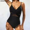 Zwemkleding RXRXCOCO Damesbadpak Doorzichtig Effen Zwart Damesbadmode Sexy Ruches Backless Push Up Badpak Beachwear 230325