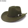 Chapéus de aba larga caçadores de caçambas vintage homens de cowboy ocidental com cinto inverno outono rollo up cowgirl jazz igreja Cap Sombrero Hombre 230325