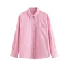 Women's Blouses Shirts For Women 2023 Fashion Pink Striped Shirt With Patch Pockets Lapel Collar Front Button Up Loose Long Sleeve Top