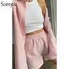 Damen Zweiteilige Hosen Sampic Loung Wear Trainingsanzug Damen Shorts Set Streifen Langarmshirt Tops und Taille Lose hohe Mini-Sets 230325