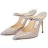 Pompe di moda sandali donne estate londinese bing 100 mm Italia puntata Slingback in cristallo Crystal Cadle Designer a strisce Designer Wedding Party High Heel Sandalo UE 35-43