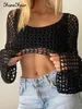 Koszulka damska przednie letnie zielone zielone długie rękawie Smock Knitted Crop Top Kobiety Y2K Beach Sexy Backless Hollow Out T koszule Party Casual 230325