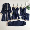 Women's Sleepwear Pajama Set Women Lace Trim Satin Sleepwear Pyjamas Pour Femme Summer Nightwear With Pants Casual Home Wear Kimono Robe Gown 230325