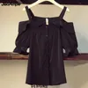 2 피스 드레스 여자 여름 의류 정장 패션 슬래시 넥 검은 색 셔츠 스커트 세트 한국 달콤한 여자 플레어 슬리브 레이어 메쉬 바비-매듭 230325