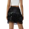 Skirt Sequined Fringe Glitters Elastic Waist Miniskirt Mini for Dance Rave Party Black Silver Gold Red 230325