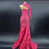 Stage Wear Rose Red Shining Rhinestones Sexy One Sleeve Long Floral Women Dress Evening Wedding Banquet Clothing Ballroom Dance Costumes