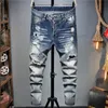 Męskie dżinsy od projektantów Spodnie męskie Projektant czarne obcisłe naklejki Light Wash Ripped Motorcycle Rock Revival Joggers True Religions Mens jeans