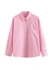 Women's Blouses Shirts For Women 2023 Fashion Pink Striped Shirt With Patch Pockets Lapel Collar Front Button Up Loose Long Sleeve Top