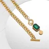 18 Karat vergoldeter Edelstahl, Smaragd-Zirkonia-Anhänger-Halskette, Büroklammer-Ketten-Choker, Layering-Schmuck für Frauen und Mädchen
