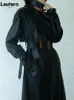 Vestes pour femmes Lautaro printemps automne surdimensionné Cool noir long Trench en cuir pour femmes ceinture manches lâche mode européenne 230324