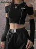 Women's T-Shirt Goth Dark E-girl Style Patchwork Black T-shirts Gothic Open Shoulder Sleeve Y2k Crop Tops Ruffles Hem Hip Hop Techwear Women Tee 230325