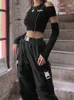 Women's T-Shirt Goth Dark E-girl Style Patchwork Black T-shirts Gothic Open Shoulder Sleeve Y2k Crop Tops Ruffles Hem Hip Hop Techwear Women Tee 230325