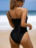 Moda de banho feminina Um ombro cortado de biquíni Onepiece Swimsith for Women Mesh Painel Patchwork Conjunto 2023 Ternos de banho Beachwear 230325